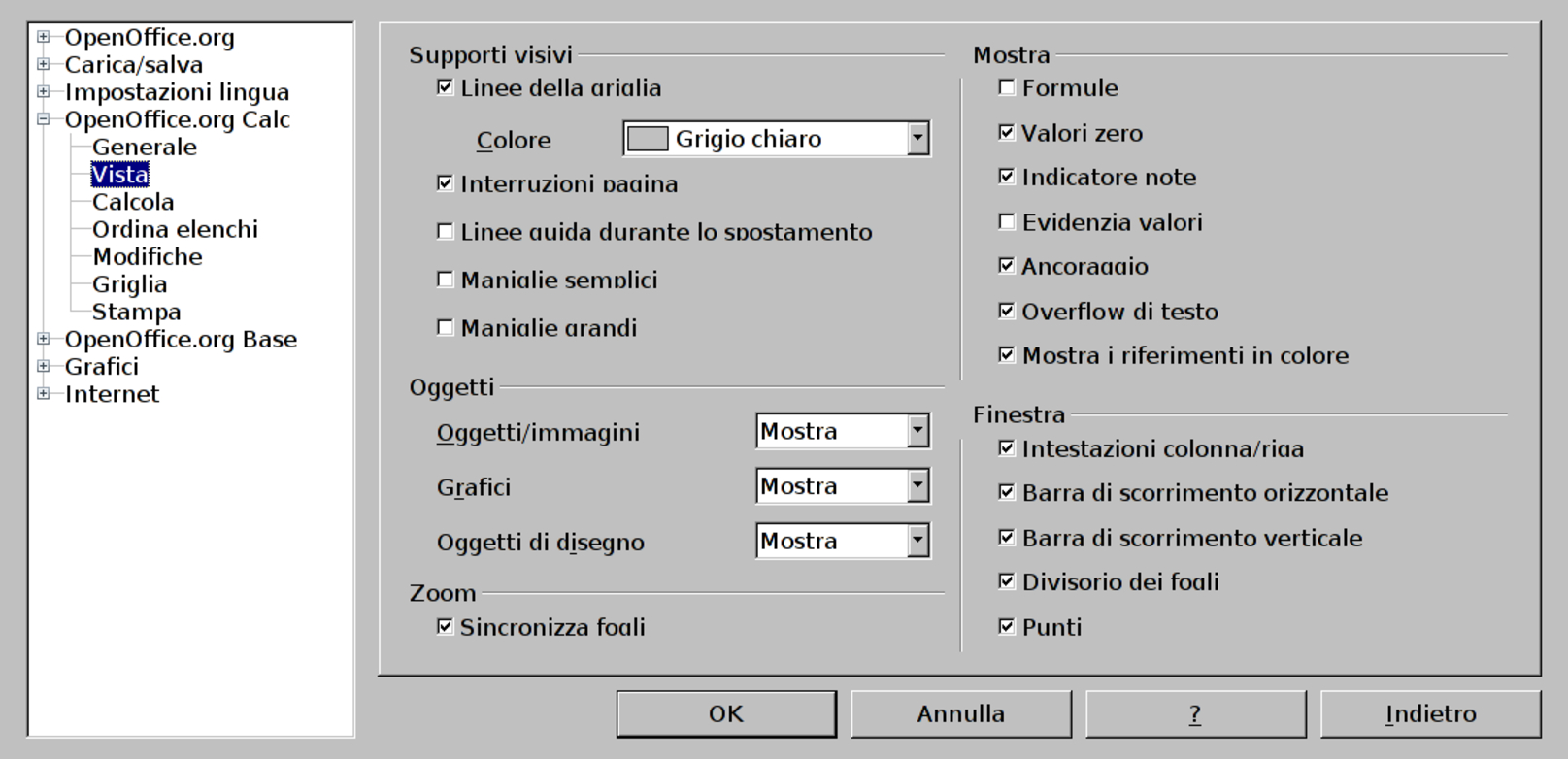configurazione di LibreOffice Calc