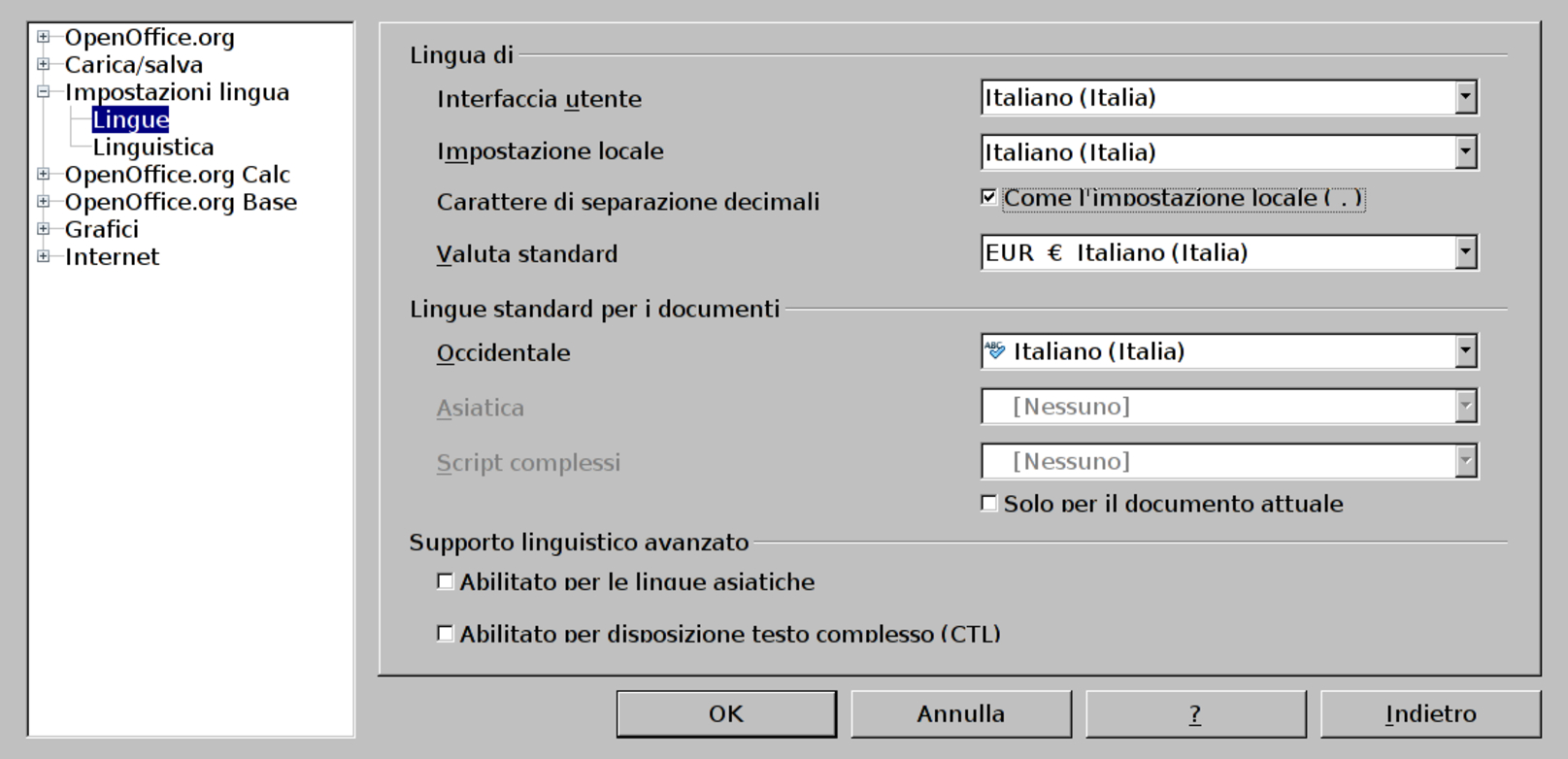configurazione di LibreOffice Calc