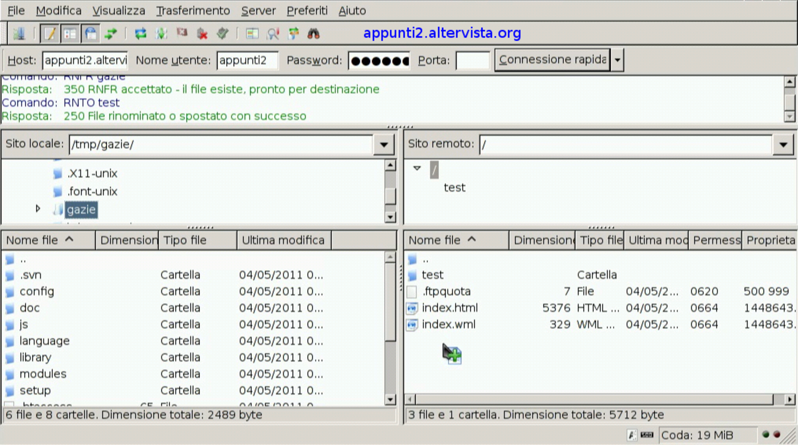 Uso di FileZilla per copiare Gazie presso AlterVista