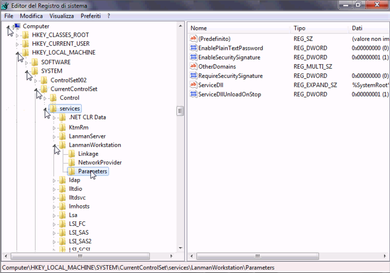 NLNX: Windows 7: configurazione con regedit