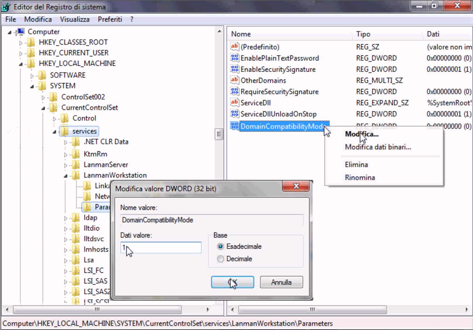 NLNX: Windows 7: configurazione con regedit