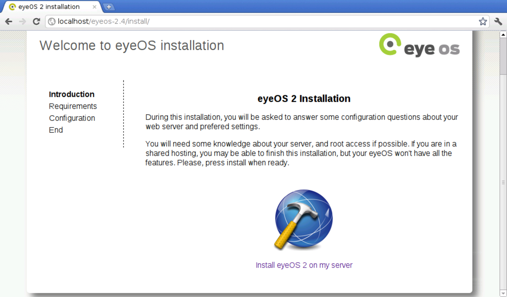 eyeOS 2: maschera iniziale di installazione