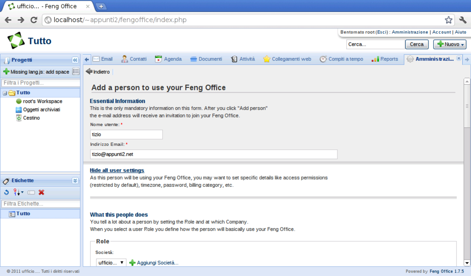 Feng office: aggiunta di un utente