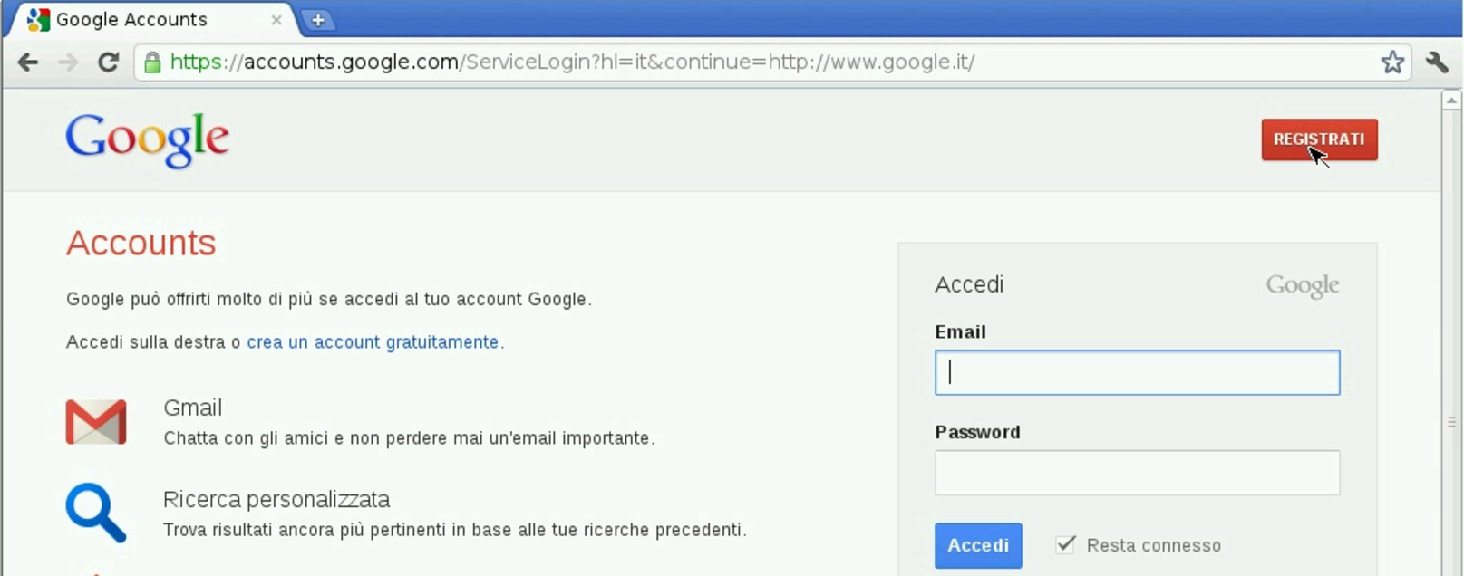 registrazione al servizio di Google documenti